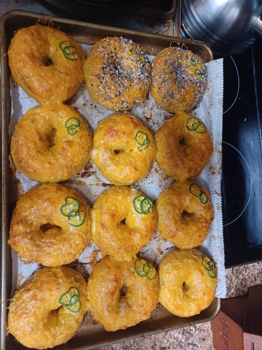 A tray of homemade jalapeño cheddar bagels