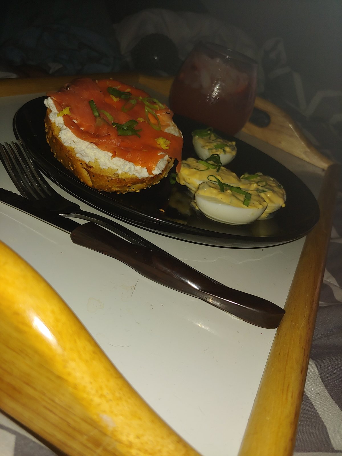 A plated salmon dish with deviled eggs